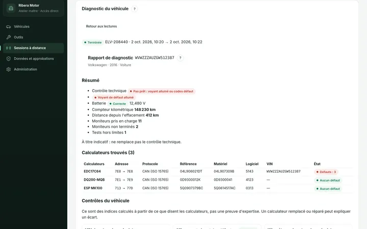 Rapport de diagnostic d'une Volkswagen Golf avec trois défauts, le voyant moteur allumé et ses calculateurs