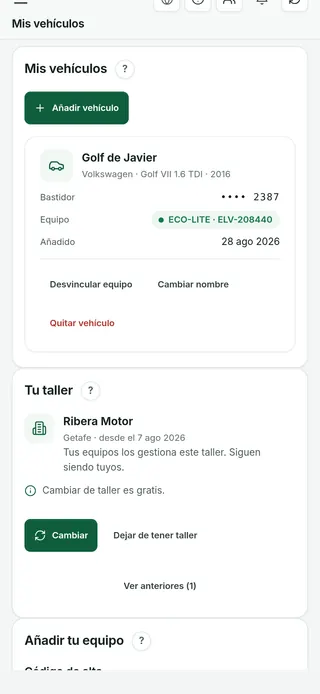 Pantalla del móvil del conductor con su Golf, el ECO-LITE vinculado y su taller