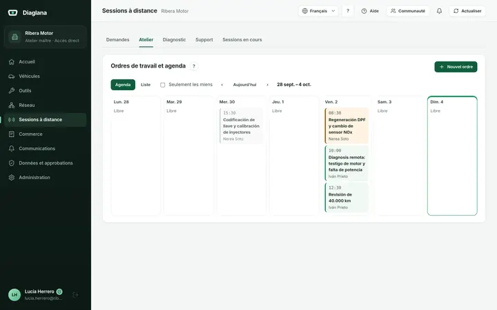 Planning de la semaine avec une régénération de FAP en attente, un diagnostic à distance et un entretien