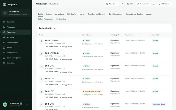 Geräteliste der Werkstatt mit Verbindung, Firmwareversion und Sicherheitsstatus
