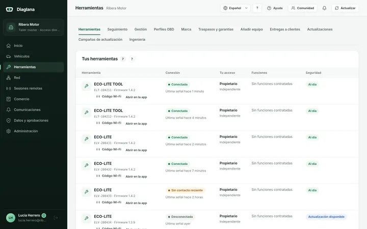 Lista de equipos del taller con su conexión, versión de firmware y estado de seguridad