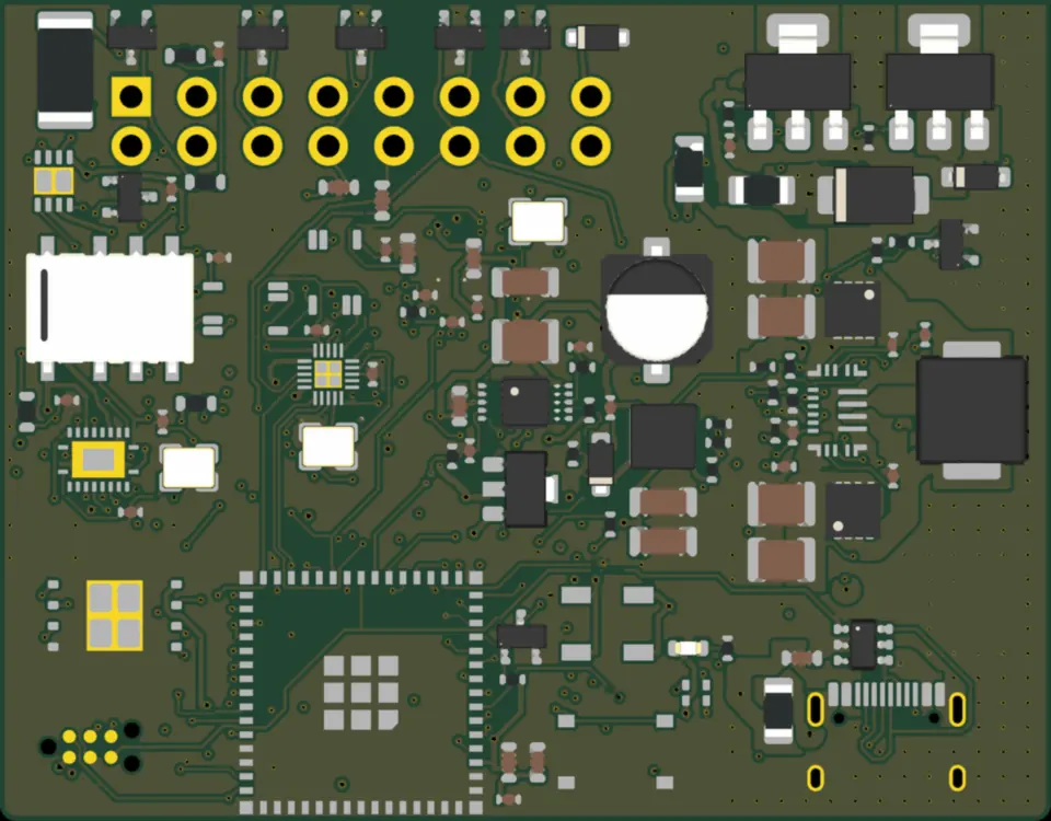 Render de la placa del ECO-LITE TOOL sin serigrafía, con la toma OBD en el borde superior