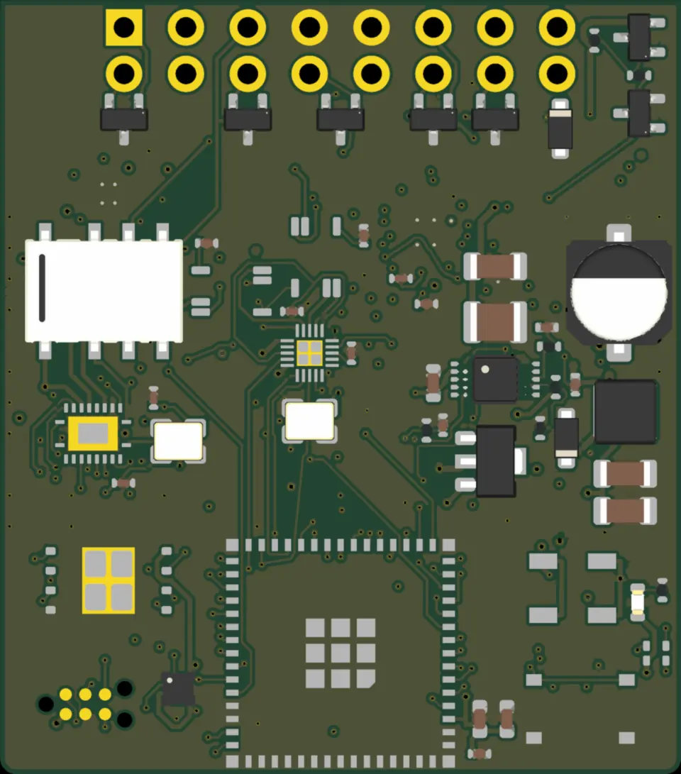 Render de la placa del ECO-LITE sin serigrafía, con los pines del conector OBD en el borde superior