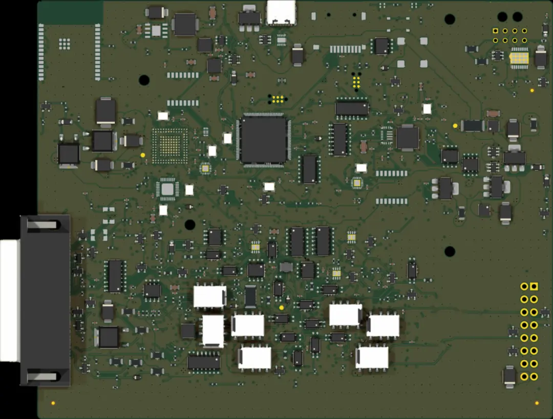 Render de la placa principal en desarrollo sin serigrafía, con el conector de vehículo a la izquierda